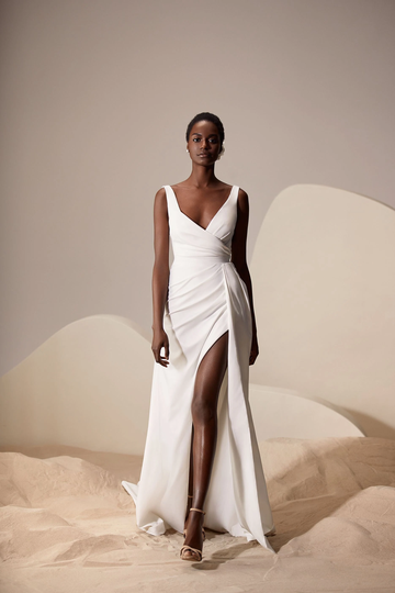 Classic Wedding Dress With Straps A Line Crepe V Neck Minimalist Gown Beach Open Back Train Emma