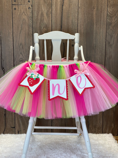 strawberry High Chair Tutu, Highchair Tulle First Birthday Banner, Girls 1st, 2nd Berry Smash Cake Party