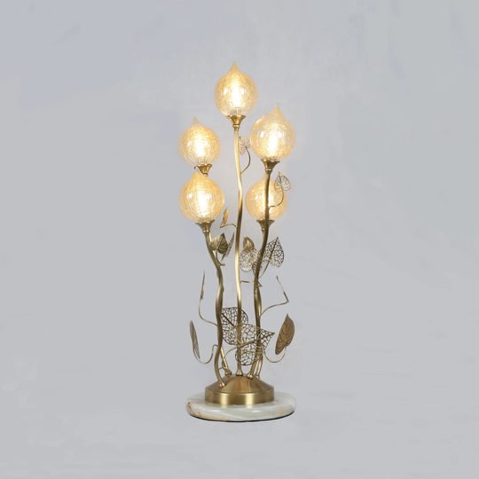 Brass Table Lamp Desk With Glass Shades & Jade Stone Base - Floral Bedside Light For Home, Office