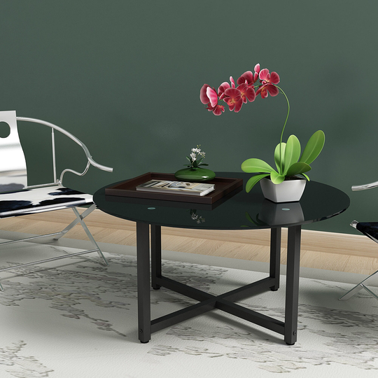 35.5'' Round End Table Modern Side Table with Metal Frame Sofa Center Tables with Tempered Glass Tabletop