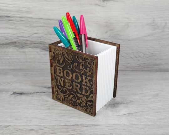 Book Nerd Pen/Pencil/Bookmark Holder - Engraved Wood, Dark Walnut Stained Cover | White Pages Center Piece Is 3D Printed