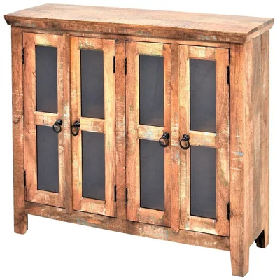 48 Inch Rustic Distressed Wood Windowpane Sideboard Buffet With Glass Doors