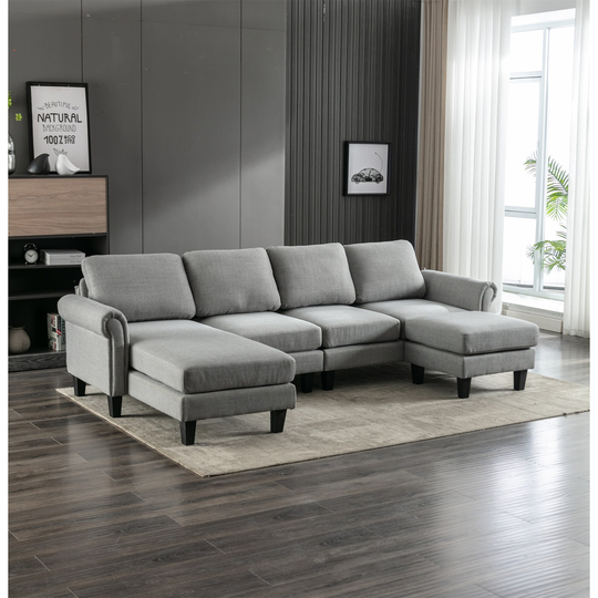 Sectional Sofa with Ottoman, Living Room Sofa Plastic Leg, Grey