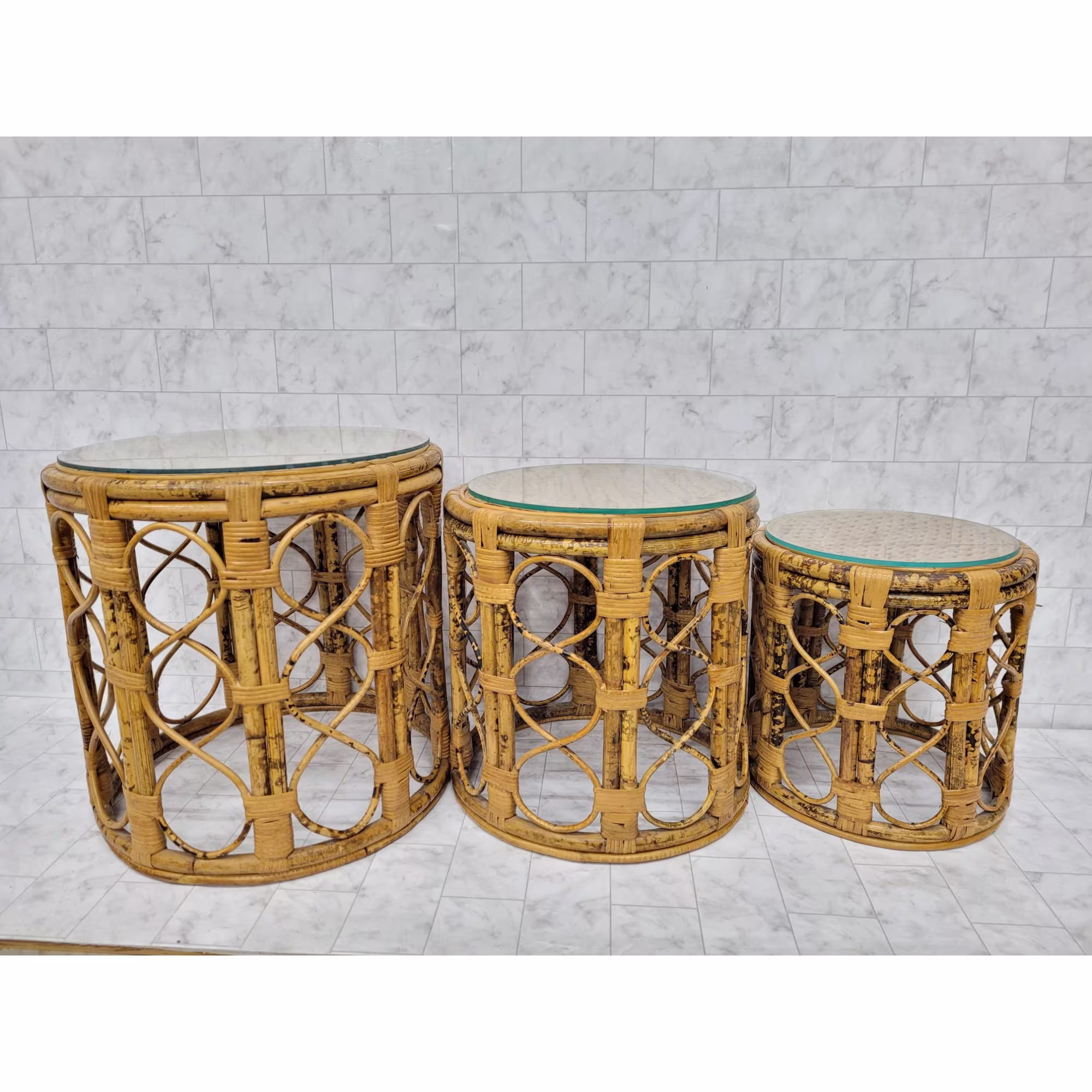 3 Mid Century Modern Rattan Tables Round Tortoise Shell Burnt Bamboo Nesting Plant Stands Glass Top