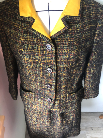 1960S Sz 8/10 Boucle Wool Skirt Set. Jacket & Pencil Skirt. Classic. Stunning Yellow Tweed Office Wear. Preppy. Tailored By Handmacher