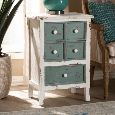 Gunnar Antique French Country Cottage Distressed White And Teal Finished Wood 5-Drawer Storage Cabinet