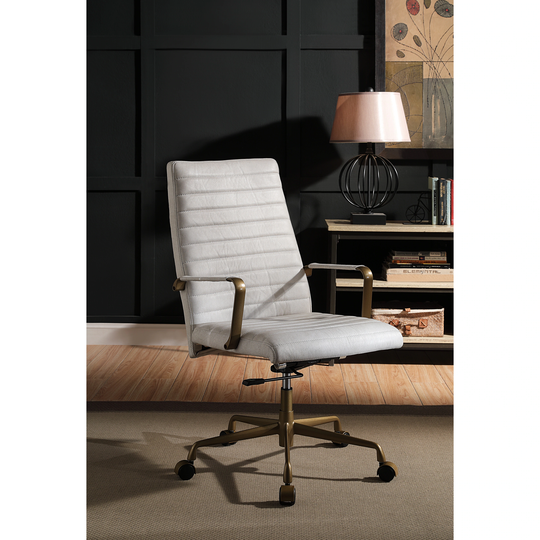 Duralo Swivel Office Chair with Adjustable Height and Wheel in Vintage White Top Grain Leather