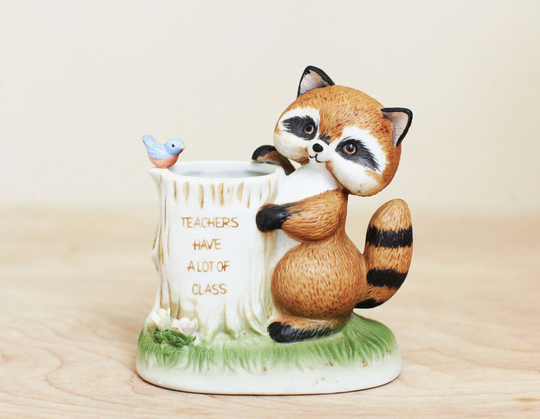 Sweet Raccoon Pencil Holder Or Planter W "Teachers Have A Lot Of Class"/ Cute Teachers Gift/ Enesco Enchantments Series Dated 1981