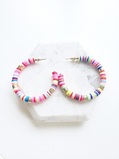 Colorful Multi Color Large Hoops Statement Earrings Polymer Clay Disc Colored