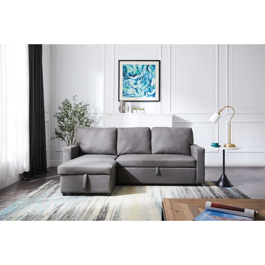 Sectional sofa with pulled out bed, 2 seats sofa and reversible chaise with storage, Stone fabric, (85"x52"x34")