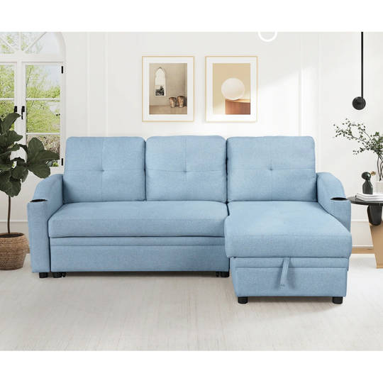 80.3" Modern Pull Out Sofa Bed with Storage Chaise and Cup Holder