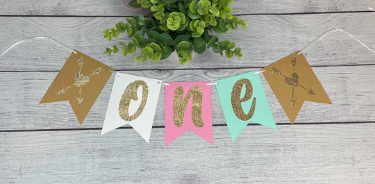 First Birthday High Chair Banner, One Kraft Brown, White, Pink, Blue Teal, Glitter Gold, Arrows Hearts, Boho 1st