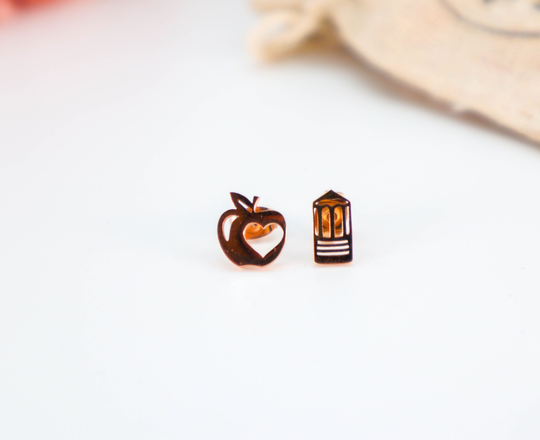 Pencil Earrings Apple Teacher Gift Rose Gold Plated Stud Earrings Surgical Steel Teacher Appreciation #152