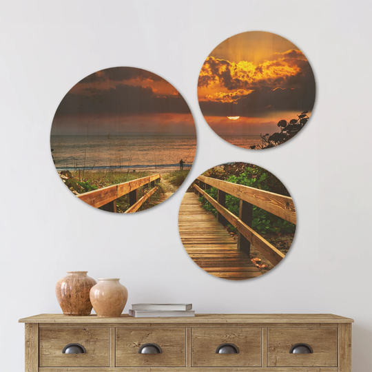 Designart 'Long Wooden Stairs into the Sea' Bridge Wood Wall Art Set of 3 Circles - Multi-Color