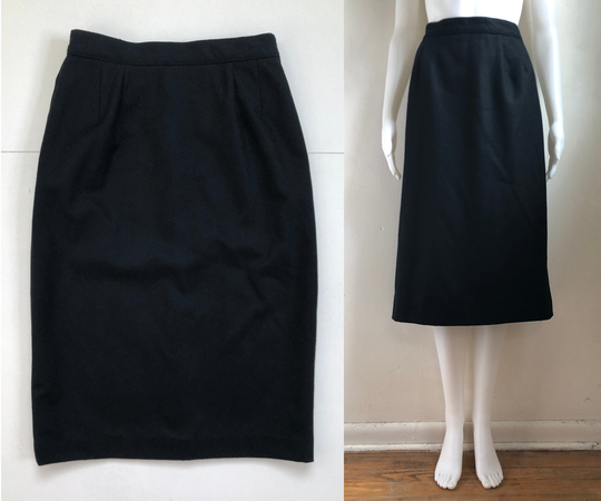 Vintage Black Wool Skirt | 70S Soft Midi Pencil Womens Size Medium 29-30" Waist