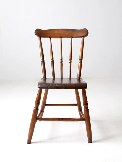 Antique Primitive Farmhouse Chair, Plank Seat Spindle Back Chair