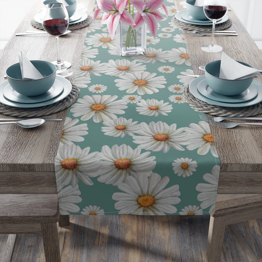 Daisy Table Runner, Summer Flower Decor, Custom Floral Tablecloth, Teal Decor
