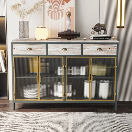 Modern Sideboard with 3 Top Drawers and 4 Glass Doors, Freestanding Sideboard Storage Cabinet Entryway Floor Cabinet