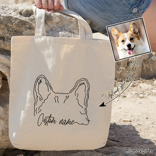Custom Dog Ears Outline Tote Bag, Corgi Line Art Drawing Minimalist Bag