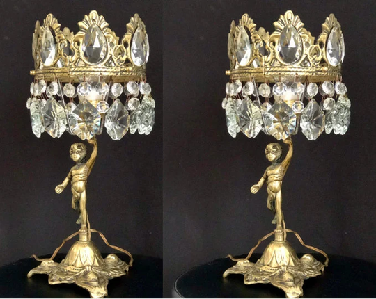 Pair Match Vintage Cut Crystal Table Lighting Cherhub& Rococo Retro Basket Ceiling Fixture Lamp Lights Art Deco