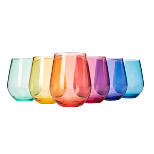 Unbreakable Colored Stemless Wine Glasses | Italian Style Shape - 100% Shatterproof Tritan Bpa-Free Plastic Large 18 Oz Set 6