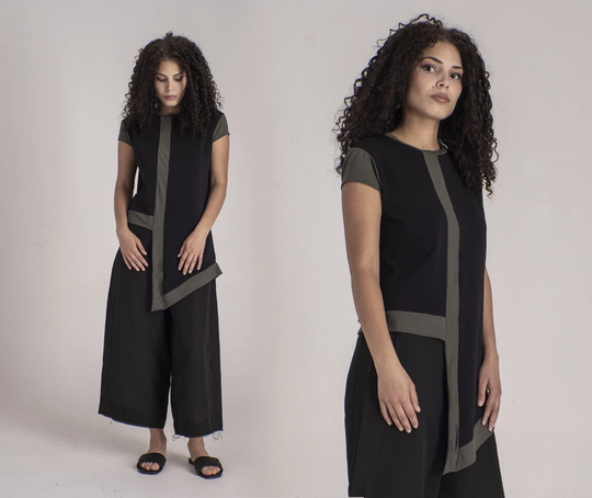 High Low Tunic Top in Black Color With Dark Green Lines - Urban Style Tunic, Minimalist Clothing, Stylish For Summer, Designer Clothes