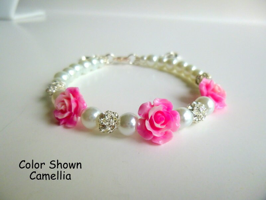 Personalized Rose & Pearl W/Rhinestones Bracelet, Three Rose's With Rhinestone Fireballs, Makes A Great Gift For Your Wedding Or Birthday