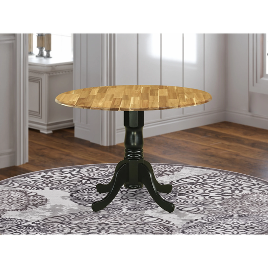DMT-NBK-TP Acacia Wood Dining Table with Drop Leaves, Wood Texture Table Top and Black Pedestal