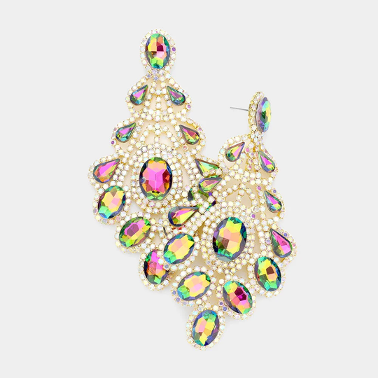 Large Multi Color Chandelier Earrings | Long Pageant Jewelry| Big 3021