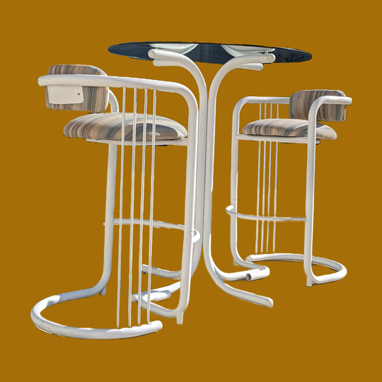 Vintage Round Glass Table & Barstools, 80S, Tubular, Postmodern, Bar Height, Post Modern, Vintage, Mid Century, Patio, Outdoor, Bistro Set