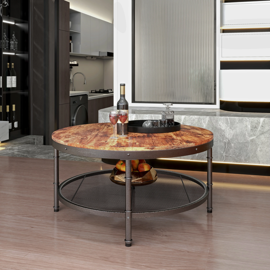 Nestfair 2-Tier Single Panel Round Coffee Table with Metal Frame and Mesh