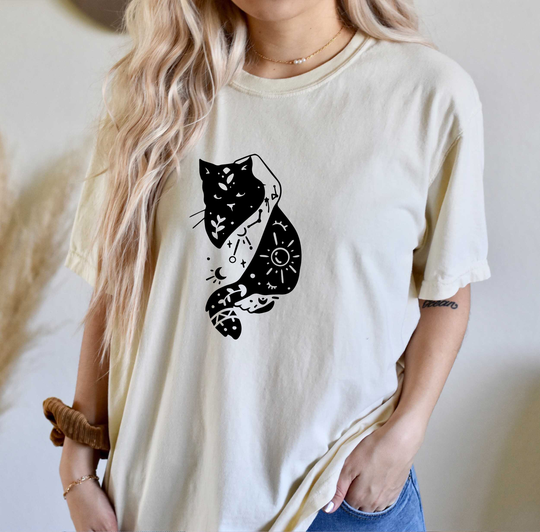 Comfort Colors Yam Celestial Cat Shirt, Top, Animals T-Shirt, Comfy Oversized Boho Shirt