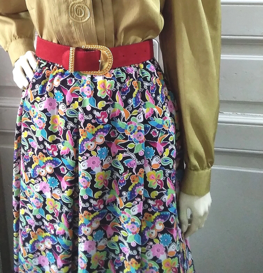 80S Colorful Skirt Floral Summer Pop-Art Multi-Colored Vintage Botanical Midi Gathered Knee Length Butterfly Print