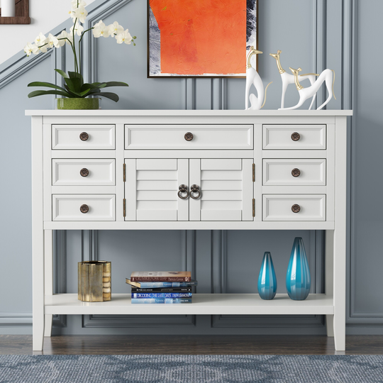 45'' Modern Sideboard Cabinet Pine Side End Table Sofa Table Console Table with 7 Drawer& 1 Cabinet &1 Shelf,White