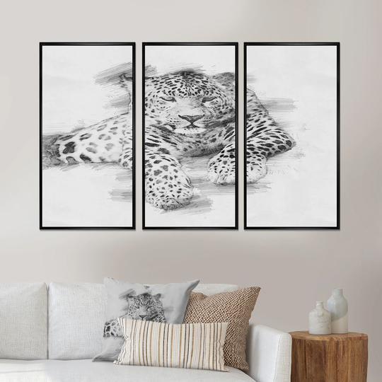 Designart 'Black and White Leopard Pencil Sketch ' Animal Framed Canvas Wall Art Print Set of 3 - 4 Colors of Frames