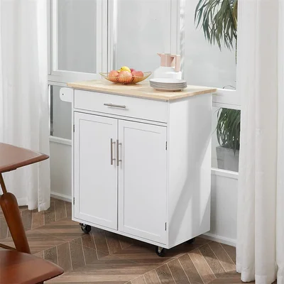 Kitchen Island Cart Rolling Trolley Cart With Drawer, Storage Cabinet & Towel Rack, White