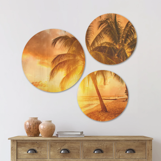 Designart 'Bright Sunset at Barbados Island' Modern Seascape Wood Wall Art Set of 3 Circles - Multi-Color