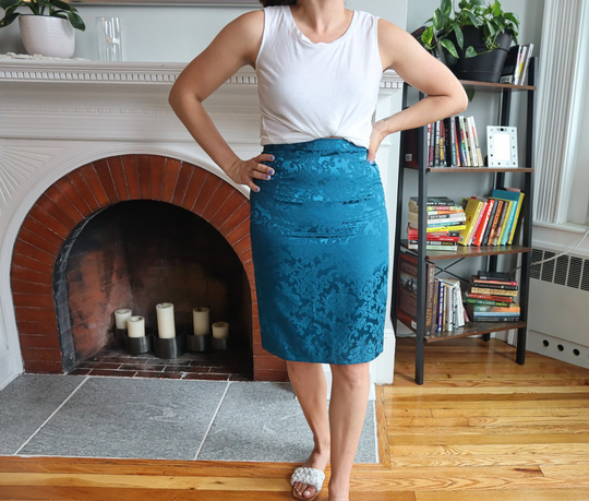 Vintage Teal High Waisted Pencil Skirt By Scott Mcclintock/Floral Jacquard Satin With Back Slit 80S Petite Blue