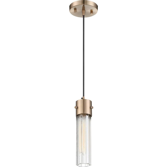 Eaves 1-Light Pendant Fixture Copper Brushed Brass Finish with Clear Ribbed Glass - N/A