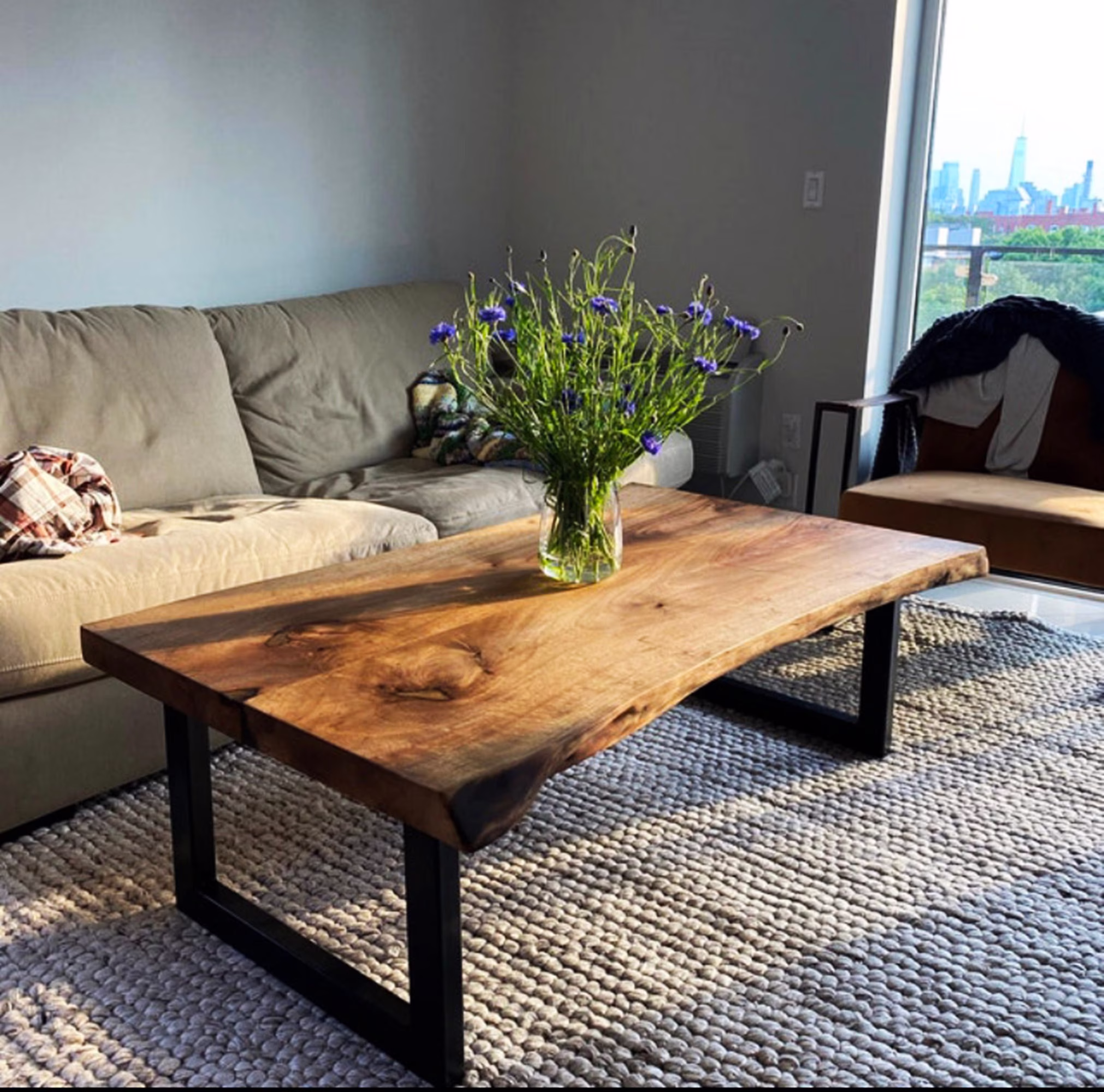 Rustic Wooden Coffee Table, Live Edge Black Walnut Sofa Mid Century Modern Metal Base