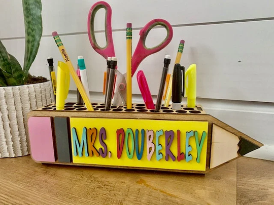 Teacher Wooden Pencil, Scissors & Pen Holder; Gift, Appreciation Gift