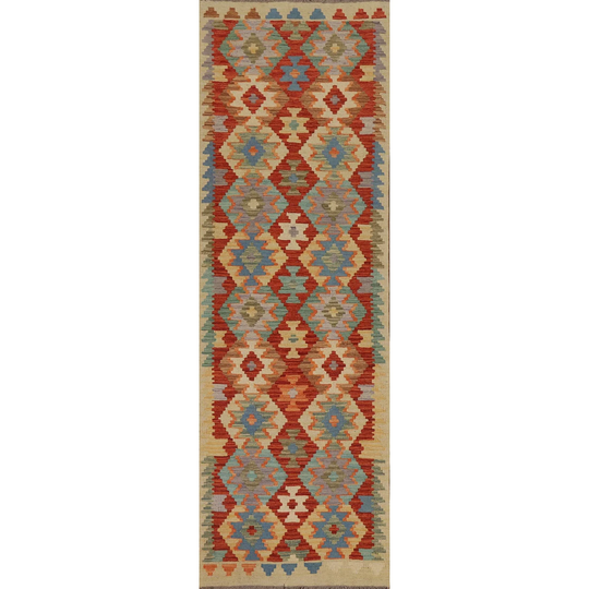 Reversible Kilim Colorful Runner Rug Hand-woven Wool Carpet - 2'8" x 9'5"