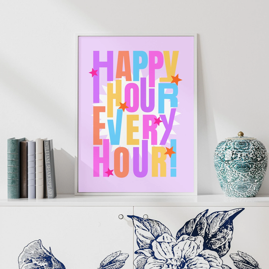 Happy Hour Every | Colorful Wall Art, Hour Poster, Fun Bar Pastel Cute Typography Print, Maximalist, Groovy