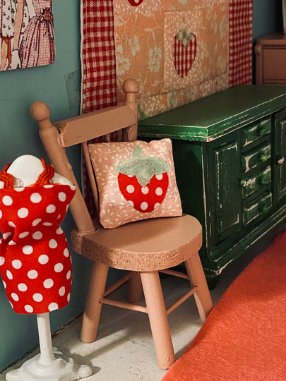 Miniature Chair Dollhouse Scale With Strawberry Appliqué Pillow