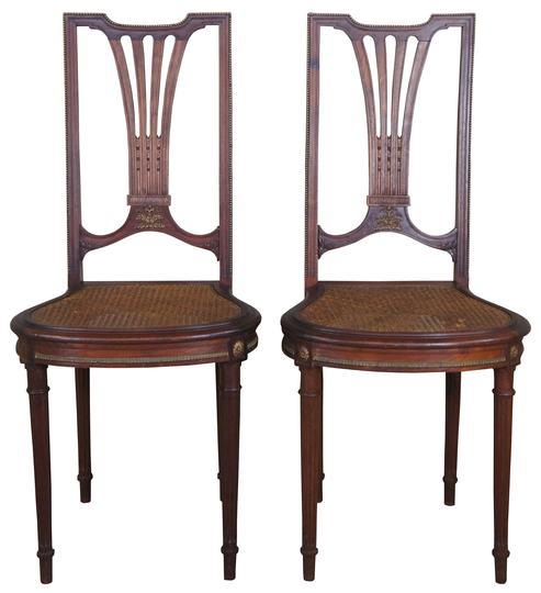 2 Antique French Louis Xvi Solid Walnut Caned Side Chairs Brass Ormolu Pair