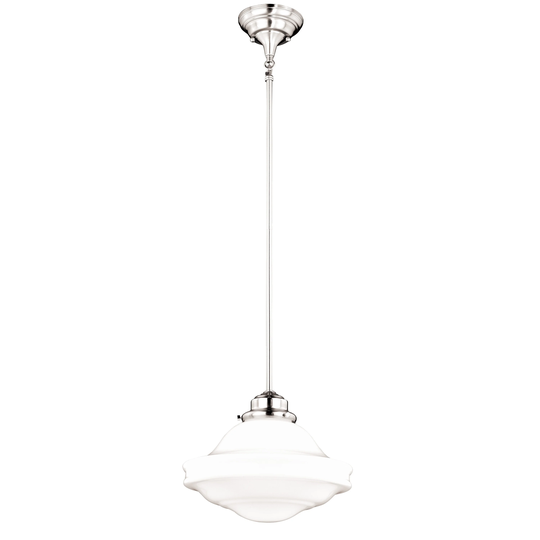 Huntley Satin Nickel Farmhouse Milk Glass Schoolhouse Pendant Light - 12-in W x 14.75-in H x 12-in D