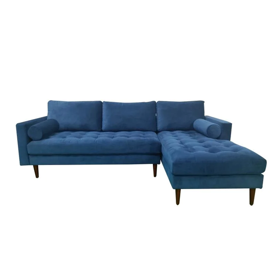 CASA Mid Century Modern Right Sectional Sofa in Blue Velvet