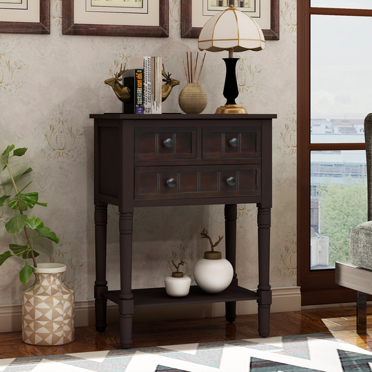Narrow Console Table With Three Storage Drawers And Bottom Shelf