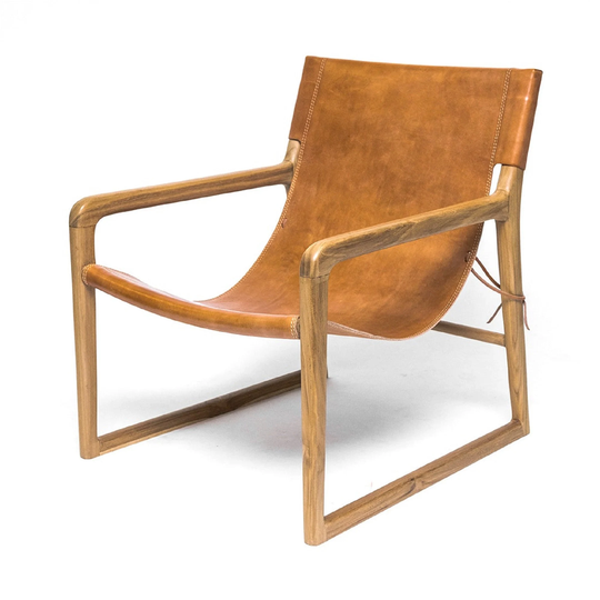 Safari Chair Morrocan Mid Century Modern - Vintage Living Leather Sling Armchair in Wood Lounge For Home Decor