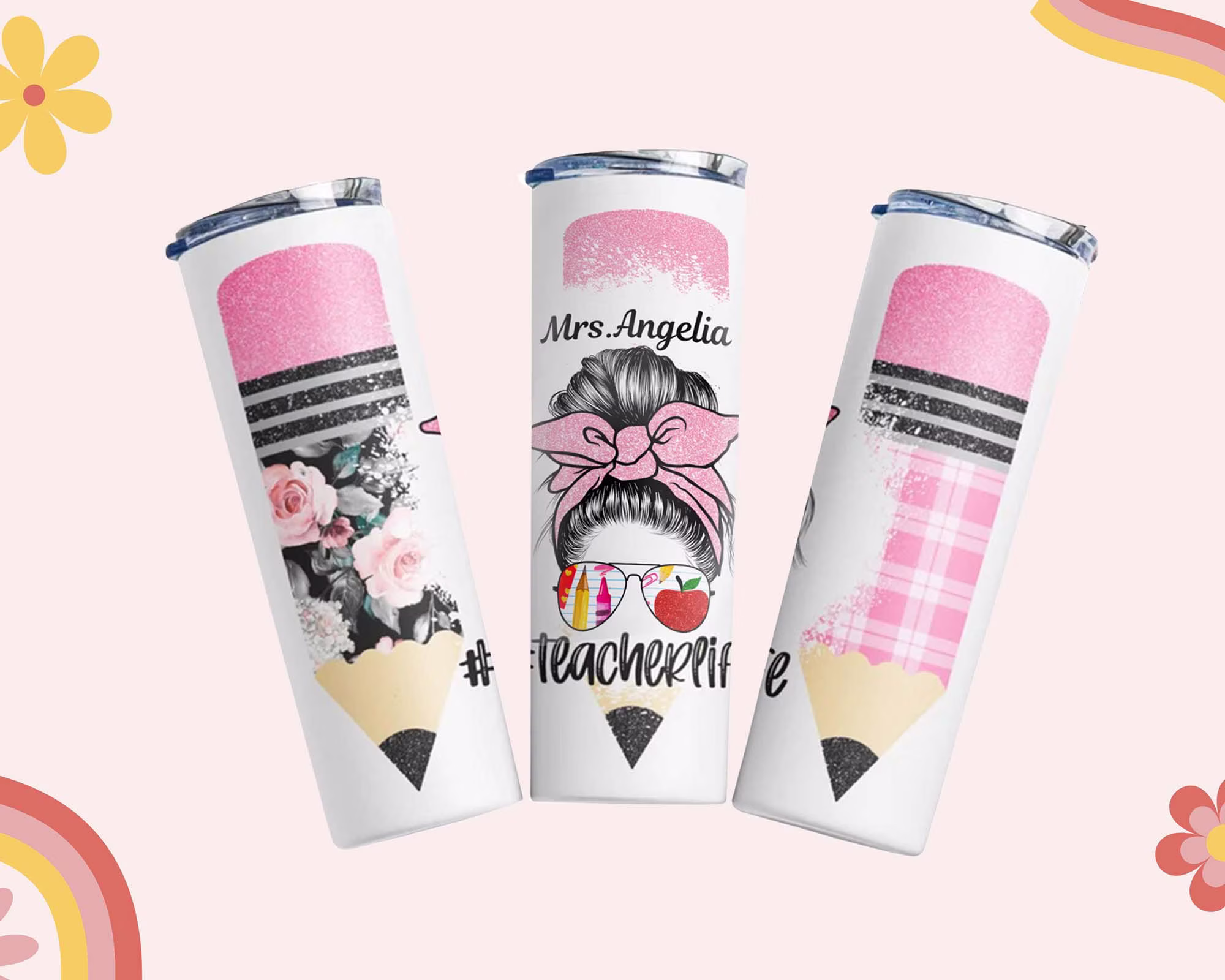 Pencil & Teacher Tumbler, Stainless Steel Skinny Gift For Teacher, Back To School 20Oz Tumbler